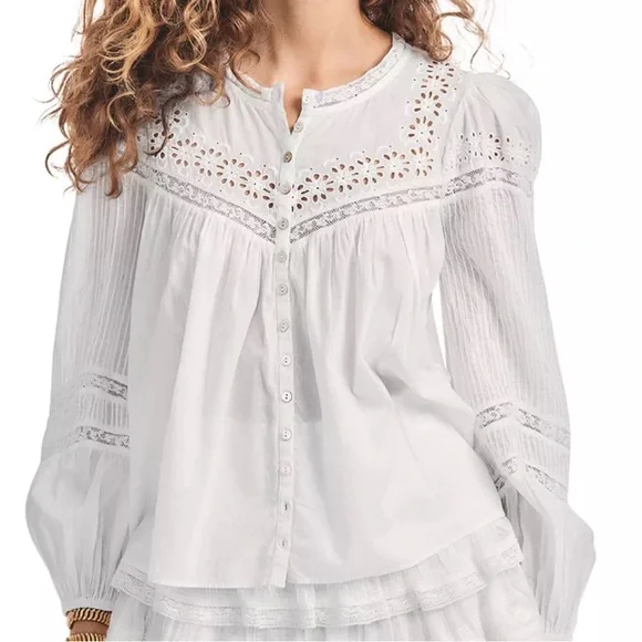 NWT LoveShackFancy Badyn Lace Inset Blouse True White - Size XS - Picture 1 of 7